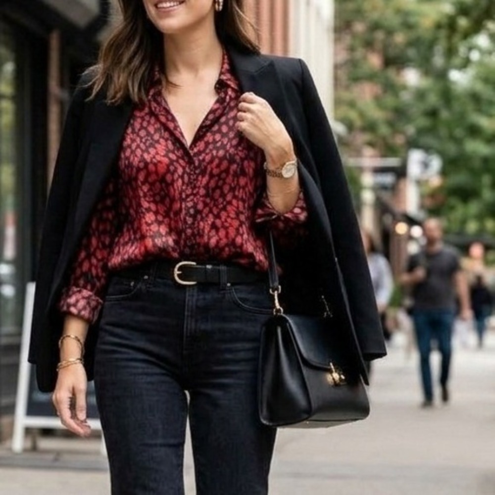 Floral & Ivy Button Down Red Black Animal Print Satin Blouse Office Chic Sleek S